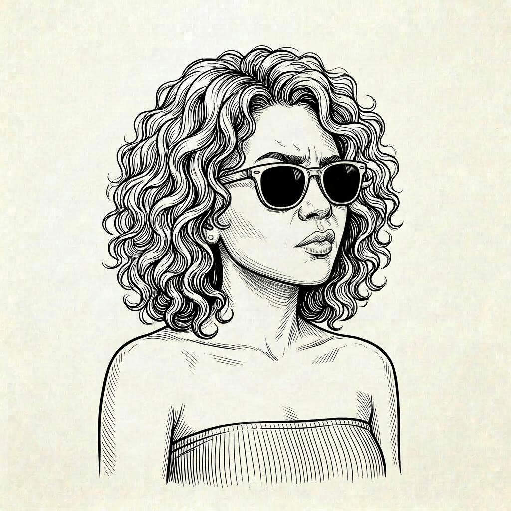 Young woman with curly hair pondering with hand on chin