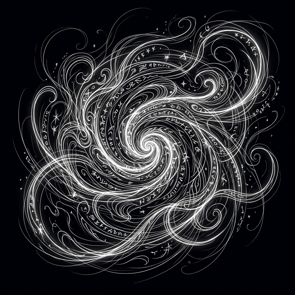 Glowing white spiral with swirling magical symbols and lines on black background
